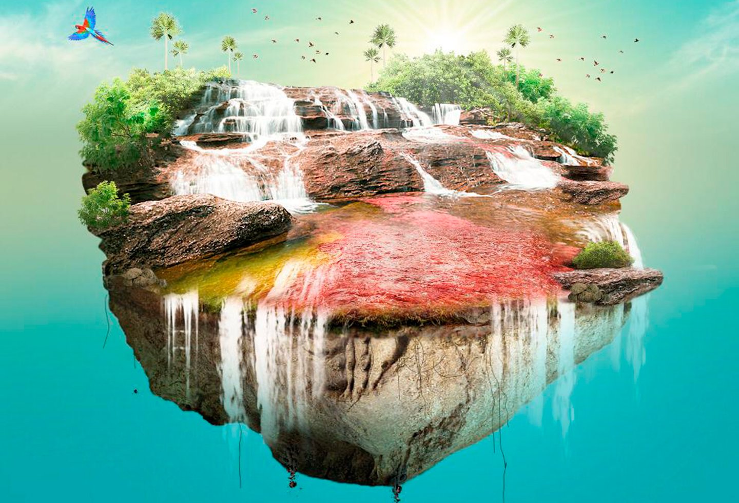 Caño Cristales, el río de los 7 colores en Colombia, con sus plantas acuáticas rojas y fucsias bajo el agua cristalina.