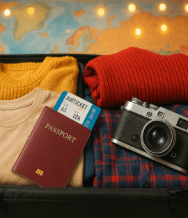 Checklist para viajar en Fin de Año: pasaporte, maleta y mapa con ambiente festivo.