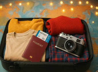 Checklist para viajar en Fin de Año: pasaporte, maleta y mapa con ambiente festivo.