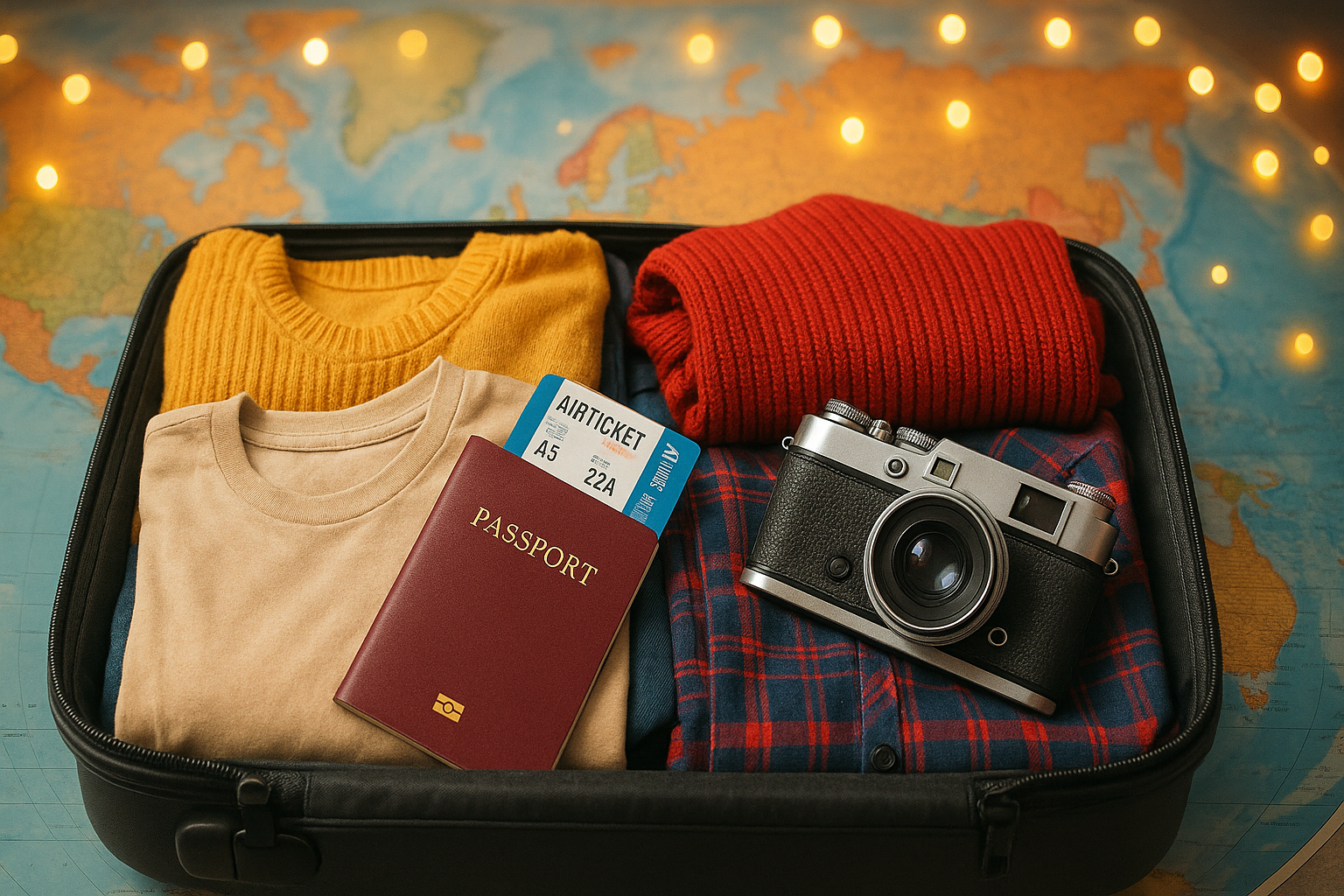 Checklist para viajar en Fin de Año: pasaporte, maleta y mapa con ambiente festivo.